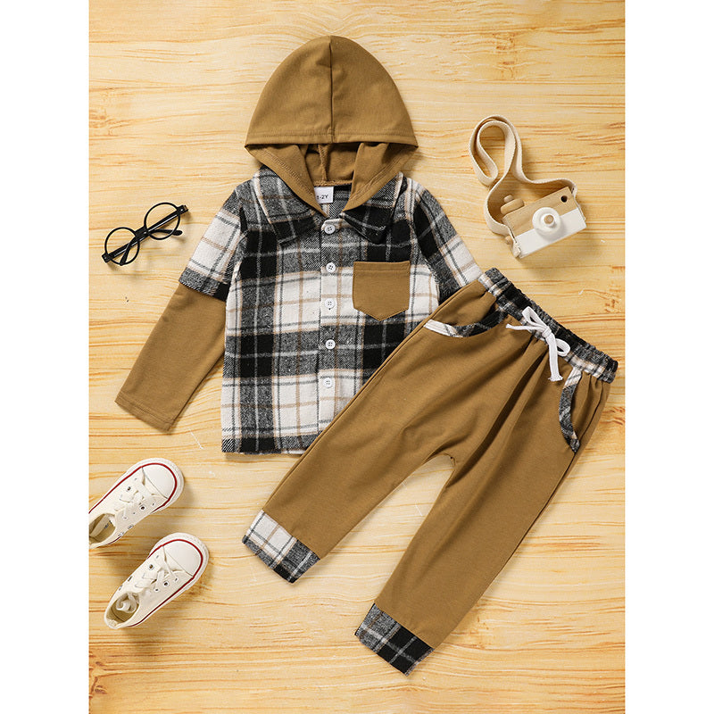 Trendy Toddler Baby Boy Plaid Hoodie Sweatshirt and Pants Set