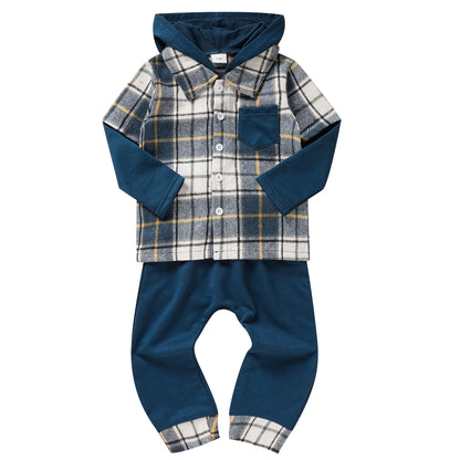 Trendy Toddler Baby Boy Plaid Hoodie Sweatshirt and Pants Set