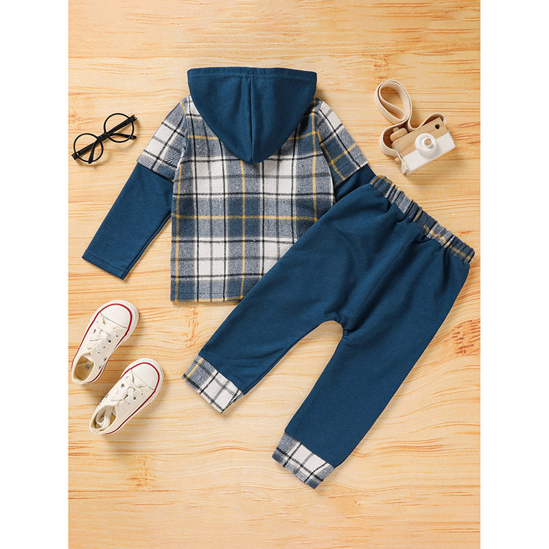 Trendy Toddler Baby Boy Plaid Hoodie Sweatshirt and Pants Set