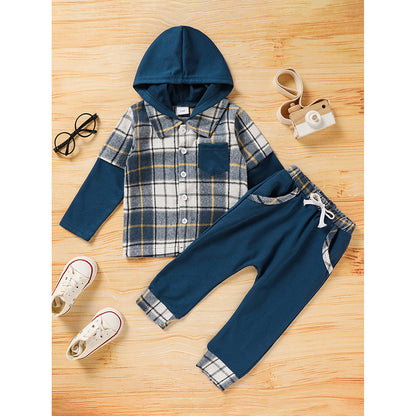 Trendy Toddler Baby Boy Plaid Hoodie Sweatshirt and Pants Set