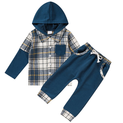 Trendy Toddler Baby Boy Plaid Hoodie Sweatshirt and Pants Set